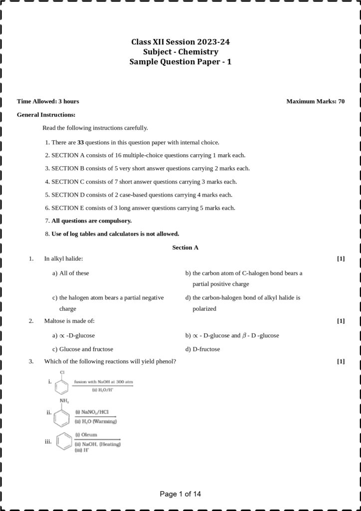 Cbse Class 12 Chemistry Sample Paper With Solutions Set 1 5683