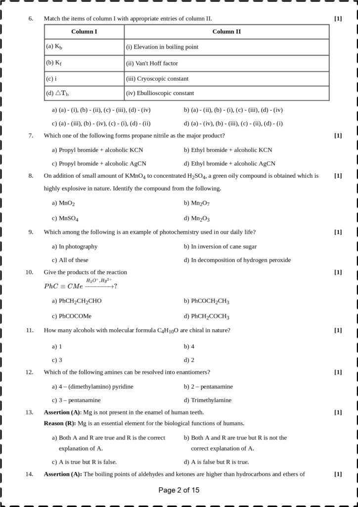 CBSE Class 12 Chemistry Sample Paper with Solution 2024 Set 10